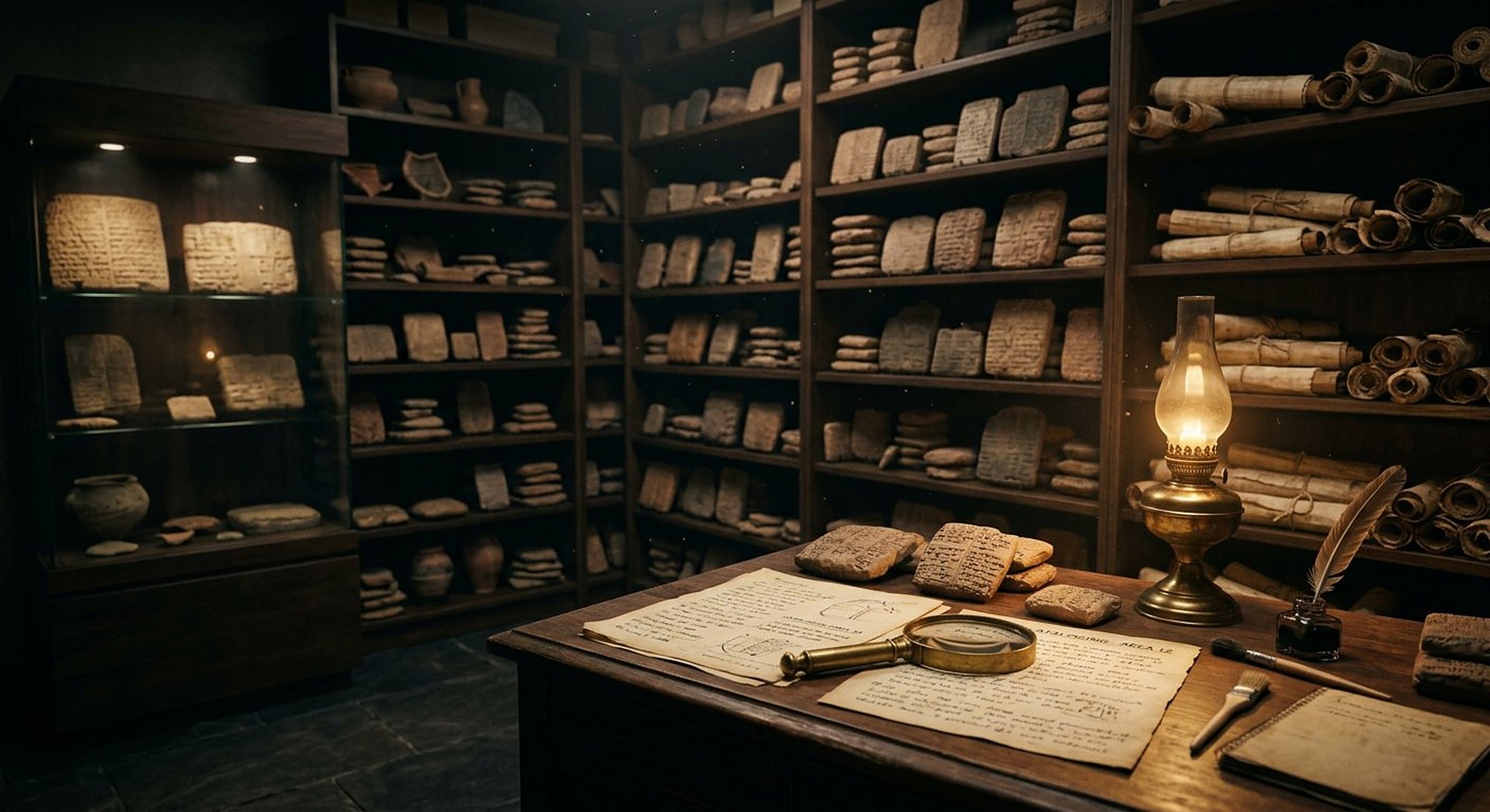 Gros plan d'une tablette d'argile couverte d'écriture cunéiforme, présentée sous une vitrine de musée