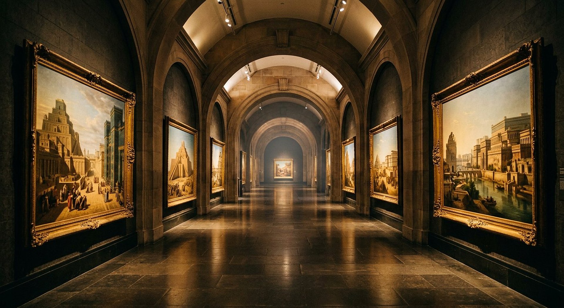 Long couloir de pierre voûté d'un bâtiment ancien, avec une porte lumineuse au fond
