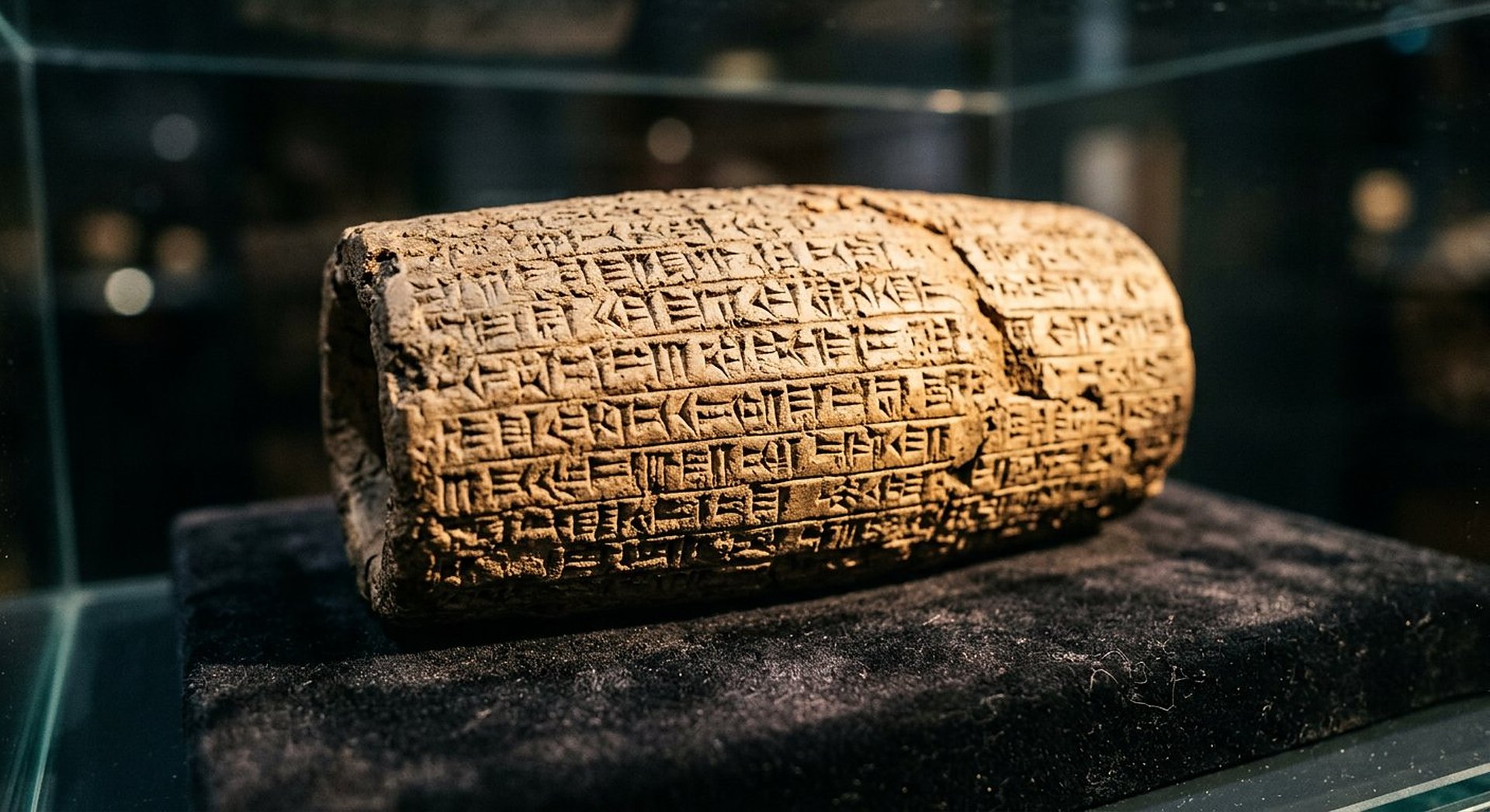 Reconstitution d'un cylindre d'argile couvert d'écriture cunéiforme, présenté sur un velours bleu sous une vitrine de musée