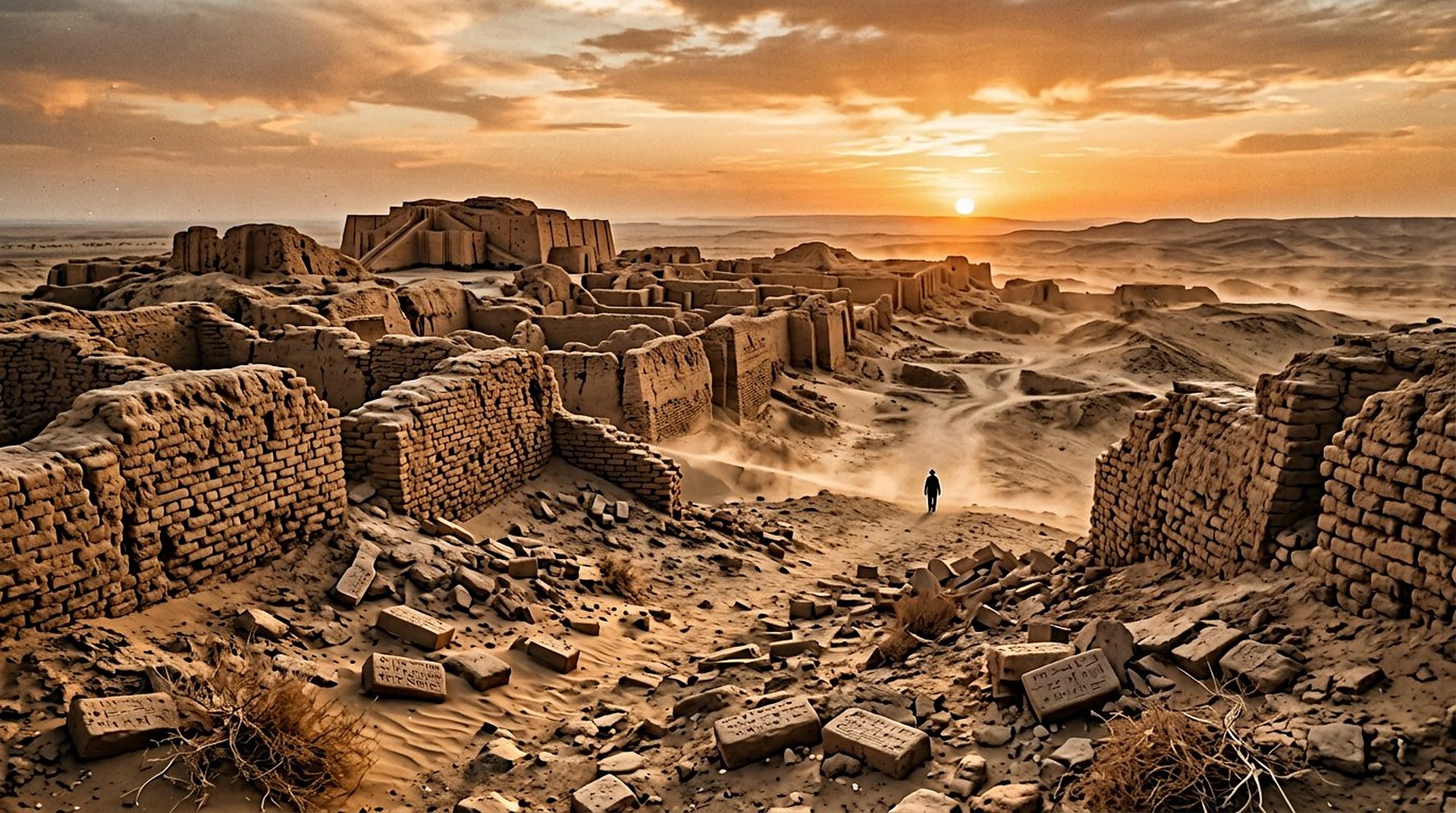 Ruines de briques crues sur une plaine déserte au lever du jour, vestiges de murs et d'une arche dans la brume matinale