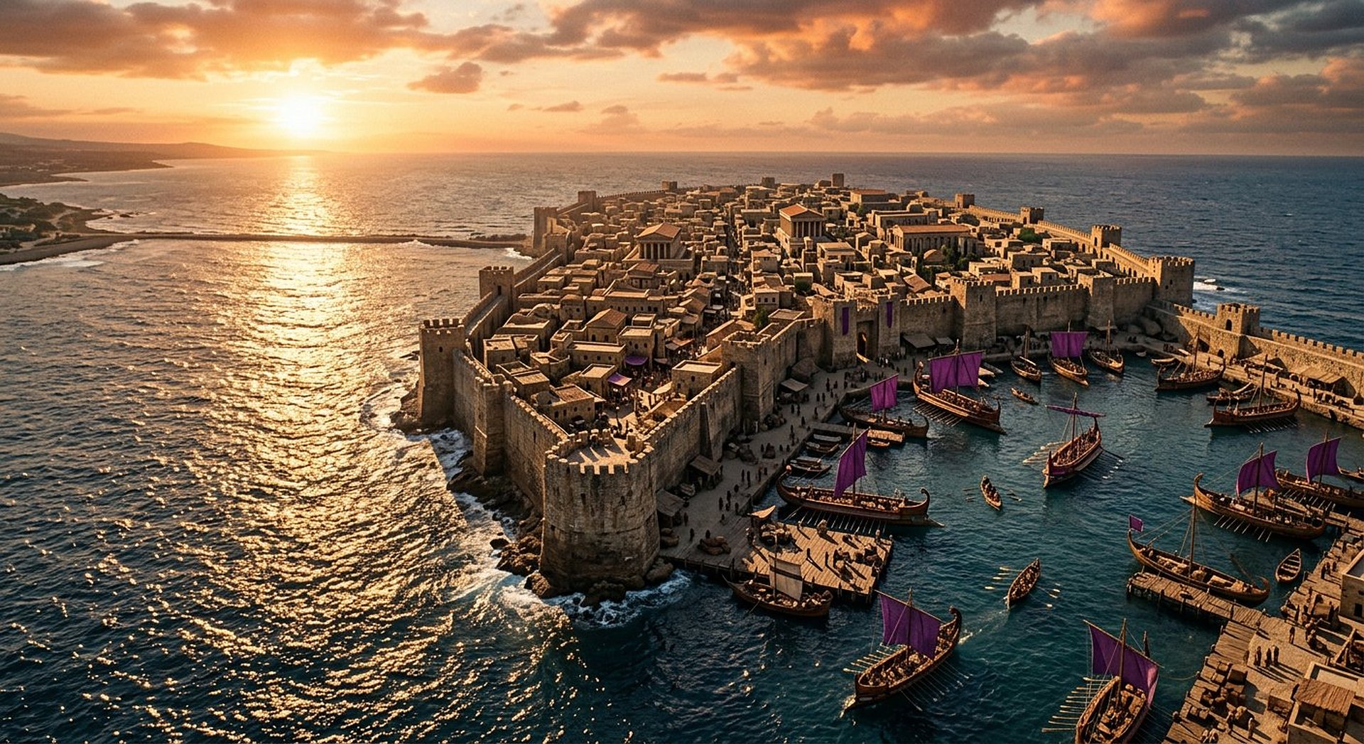 Reconstitution historique : une chaussée de pierres et de poutres jetée dans une mer turquoise, en construction vers une ville insulaire fortifiée, avec des engins de siège et des navires anciens