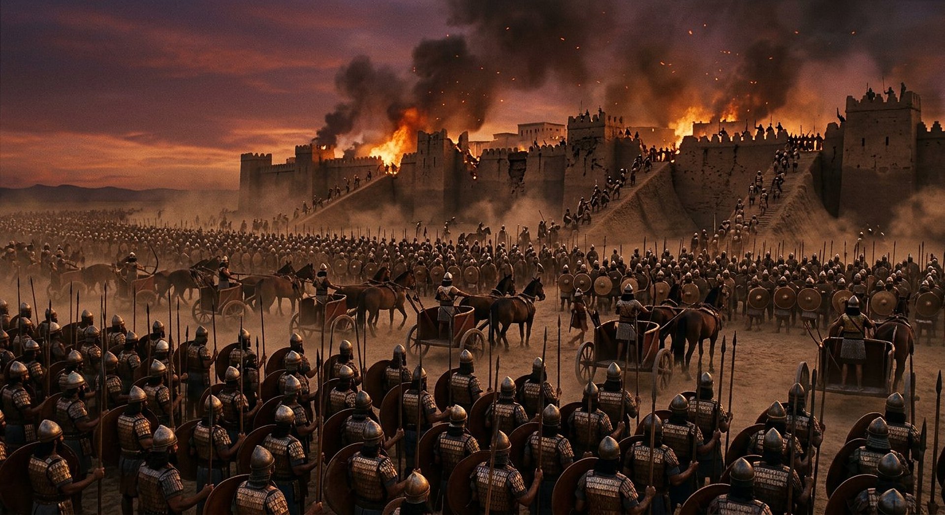 Reconstitution nocturne d'une vaste armée assiégeante campée devant les hauts remparts et les portes d'une capitale mésopotamienne, feux de camp et torches par milliers