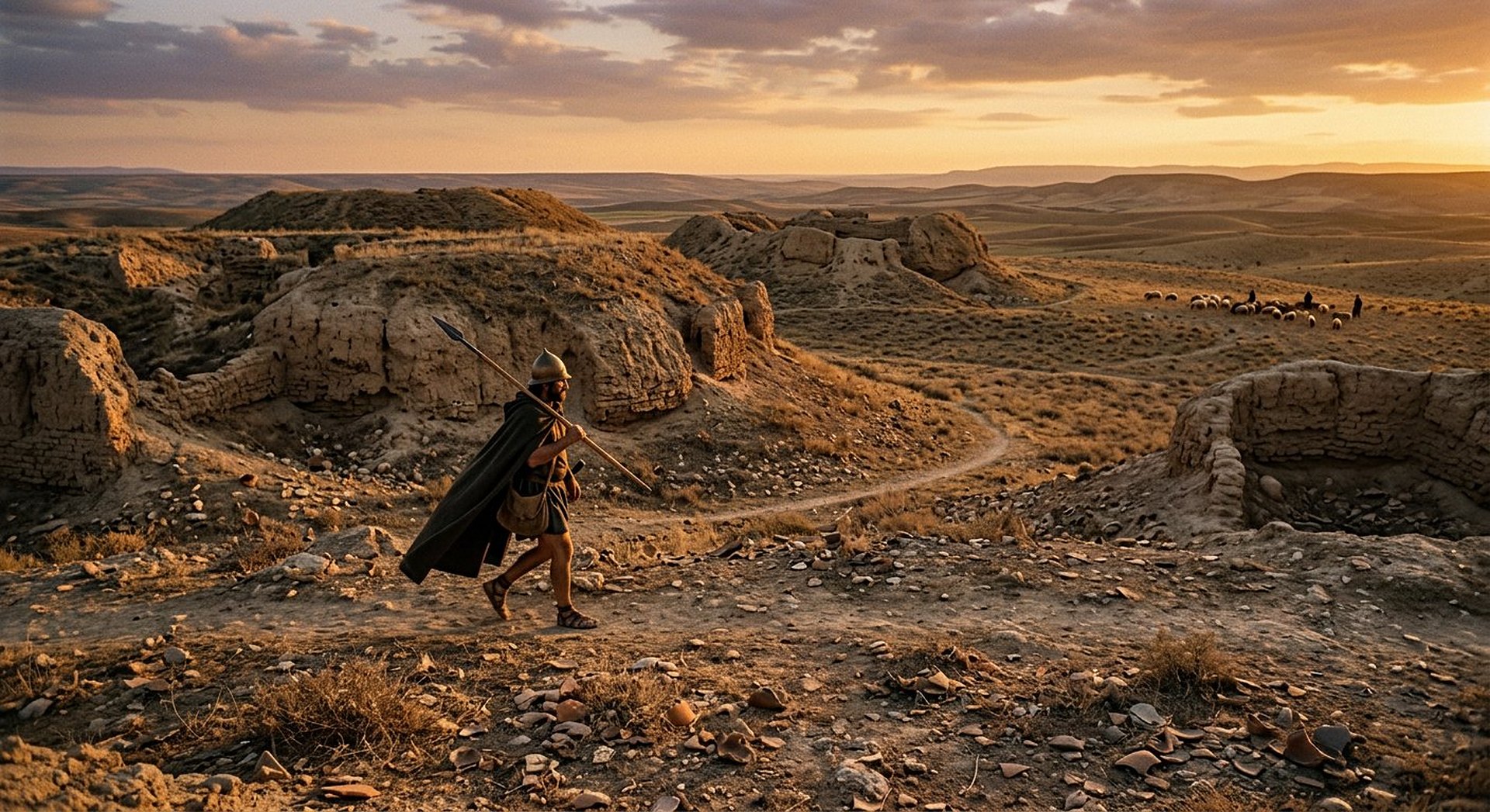 Collines herbeuses douces au-dessus de ruines ensevelies, au bord d'un large fleuve, un berger et son troupeau au loin à l'heure dorée