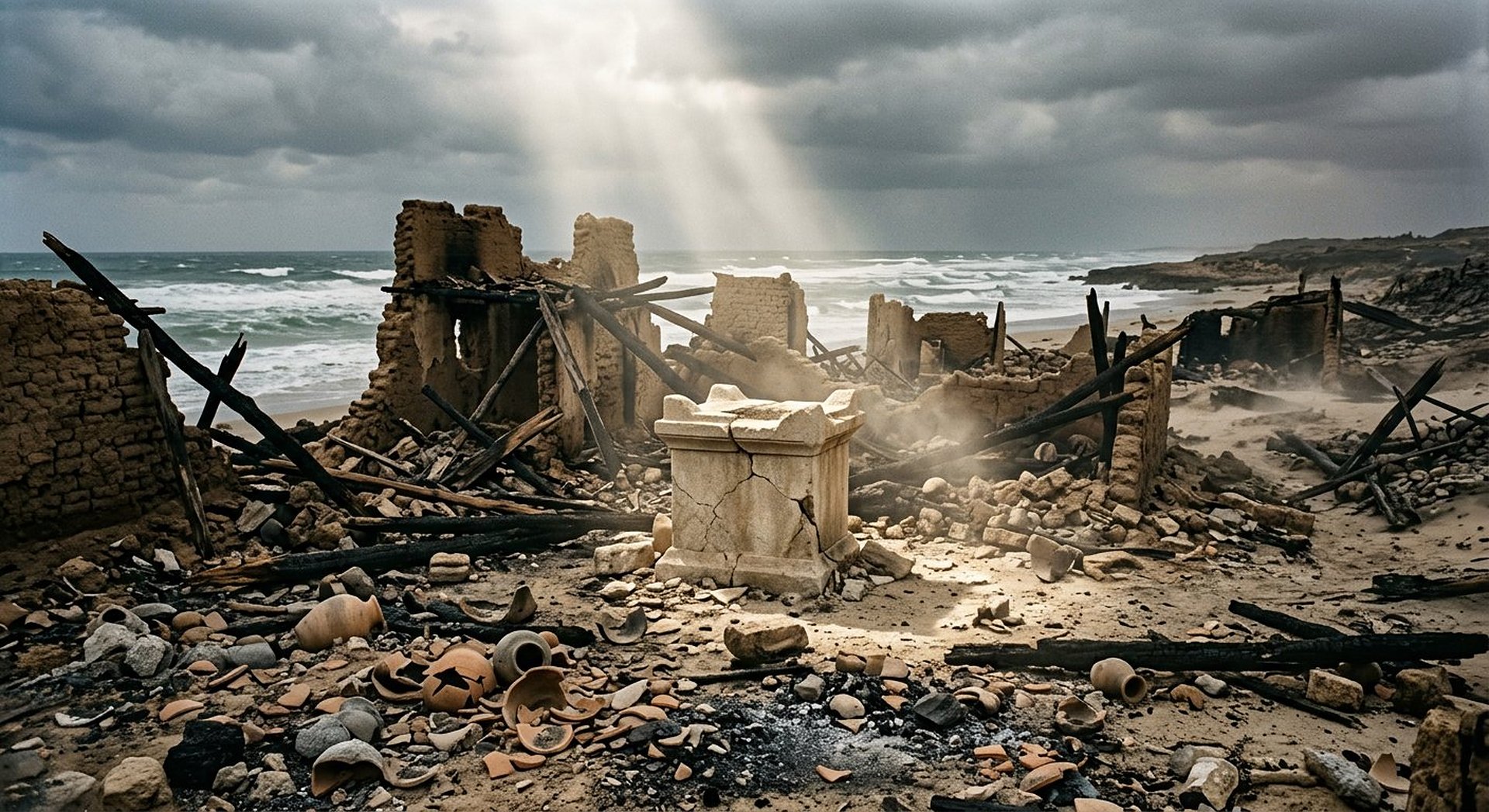 Reconstitution nocturne d'une cité portuaire philistine en proie aux flammes, reflets rouges sur la mer, soldats babyloniens en contrebas et jarres brisées sur le sable