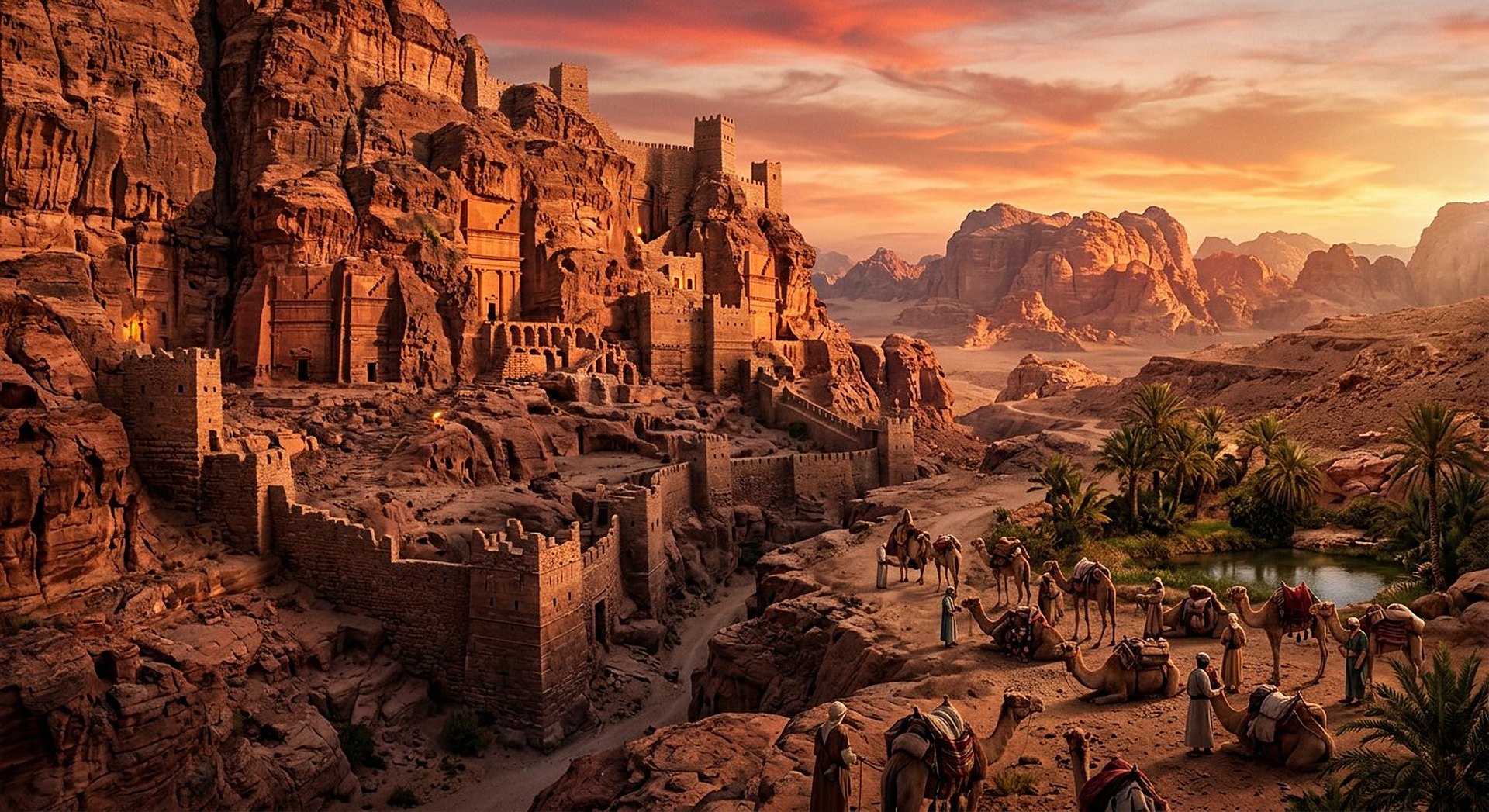 Reconstitution à l'aube d'une caravane de dromadaires conduite par des marchands dans des gorges de grès rose, avec une forteresse désertée sur les hauteurs