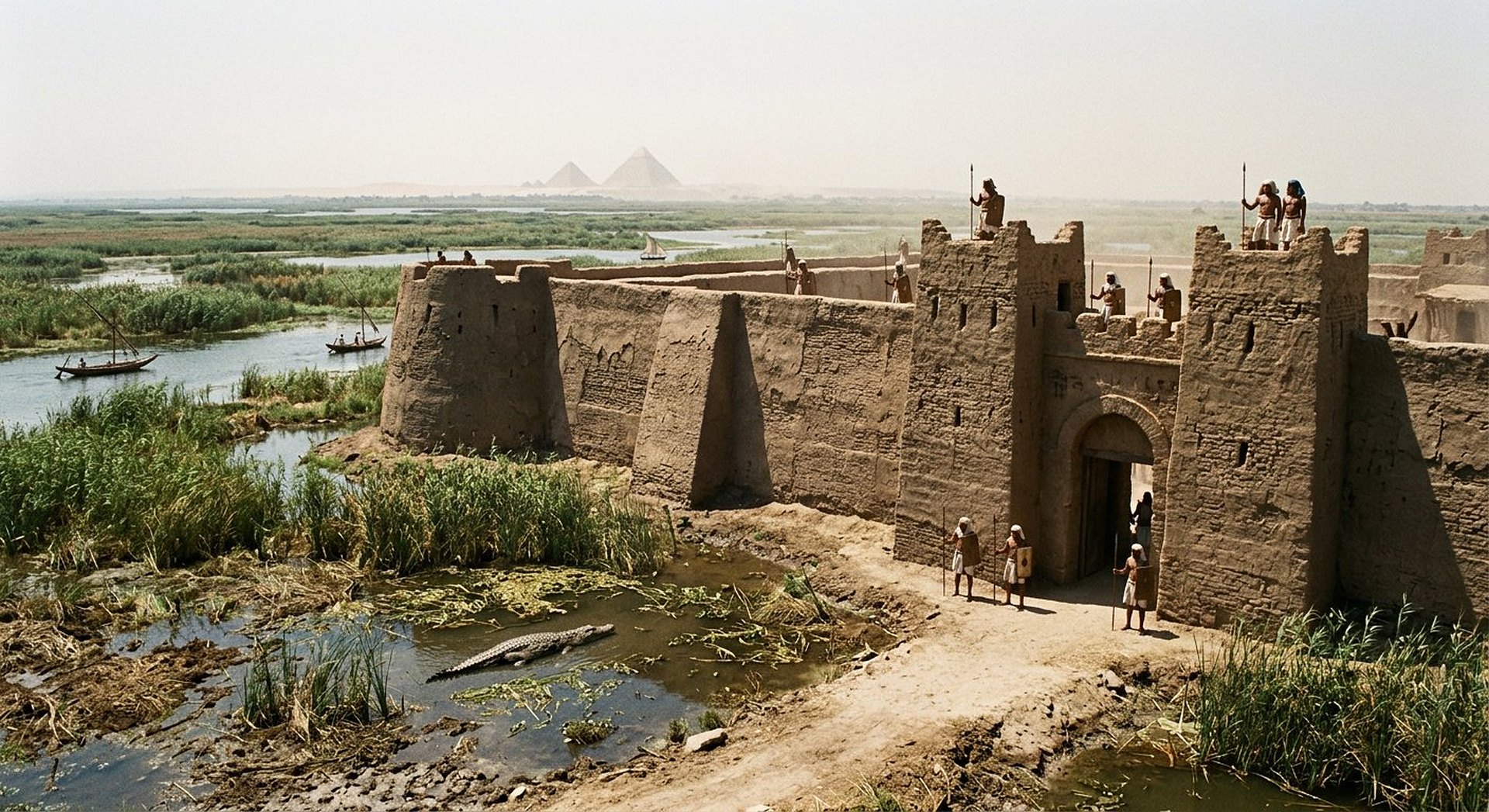 Reconstitution au lever du jour d'une vaste armée perse avec chars, fantassins et bannières unies traversant les sables du Sinaï vers la frontière du delta du Nil