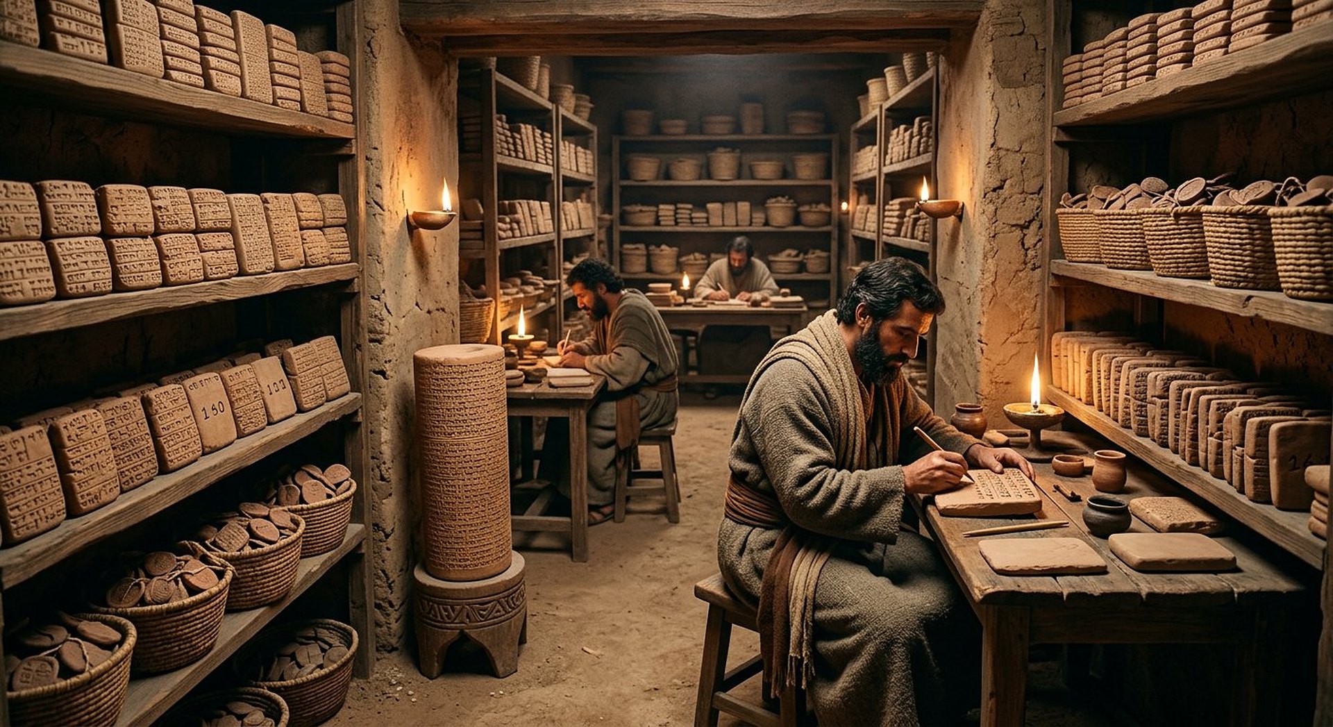 Reconstitution muséographique en gros plan d'une tablette cunéiforme, de tessons inscrits et d'empreintes de sceaux en argile sous un éclairage de vitrine