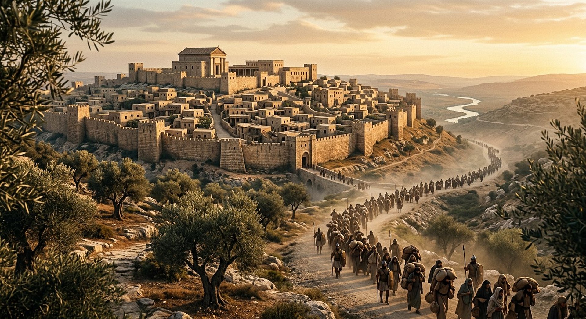 Reconstitution au crépuscule des murailles de Jérusalem, avec des feux de camp babyloniens et des colonnes de fumée sur les crêtes alentour