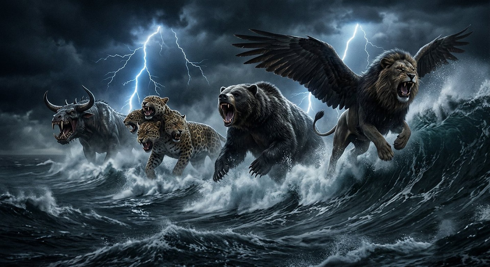 Reconstitution visionnaire des quatre bêtes de Daniel 7 sur une mer orageuse : lion ailé, ours, léopard à quatre têtes et quatre ailes, et bête de fer à dix cornes
