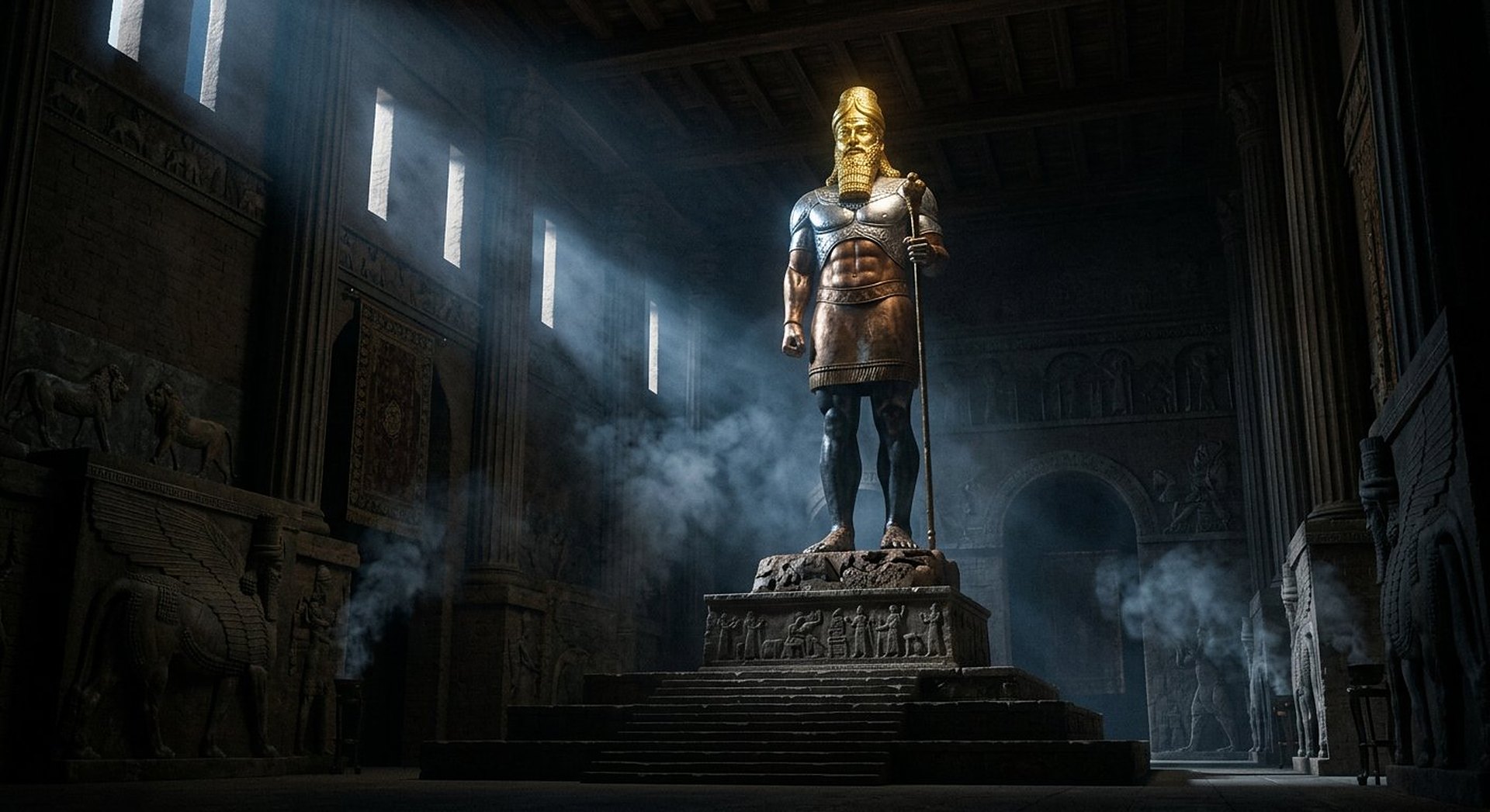 Reconstitution onirique d'une statue colossale aux métaux dégradés, tête d'or, torse d'argent, ventre d'airain, jambes de fer et pieds de fer mêlé d'argile, dans une salle du trône babylonienne