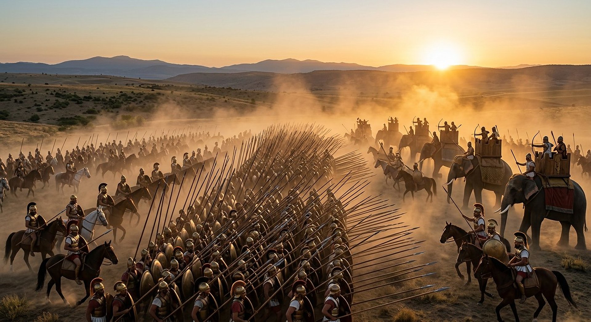Reconstitution au lever du jour de deux armées hellénistiques en présence dans la plaine de Phrygie, phalanges aux longues lances et éléphants de guerre