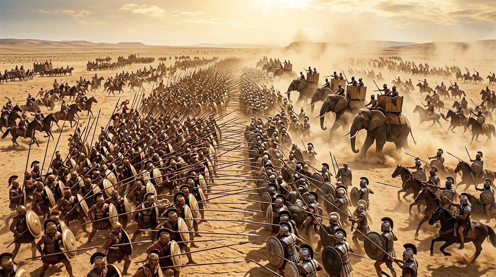 Reconstitution à l'aube de deux armées hellénistiques rangées en ordre dans la plaine côtière de Raphia, phalanges, éléphants et cavalerie avant le combat