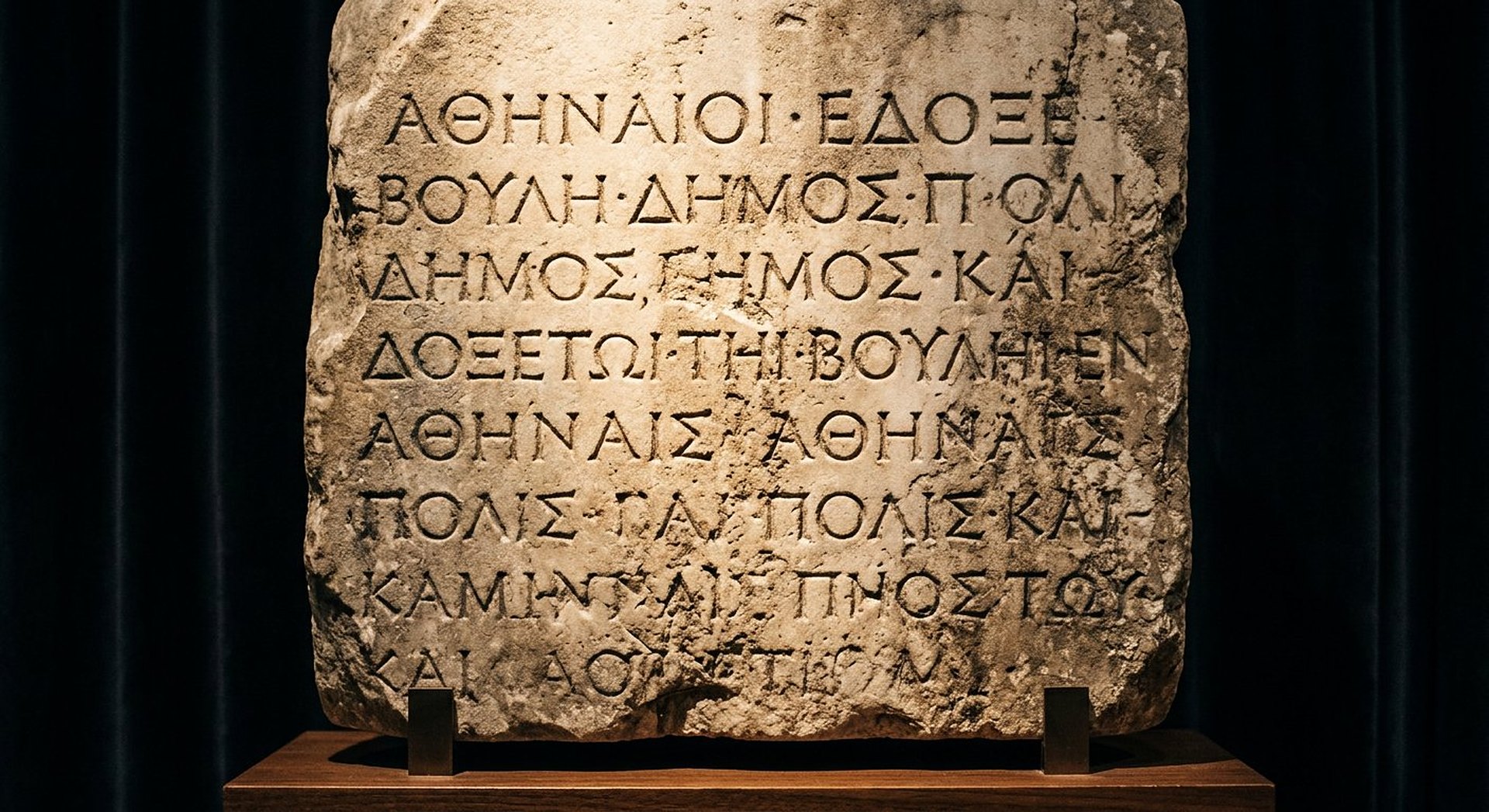 Reconstitution muséographique d'une stèle de calcaire rosé inscrite en grec ancien sous verre, éclairage de vitrine