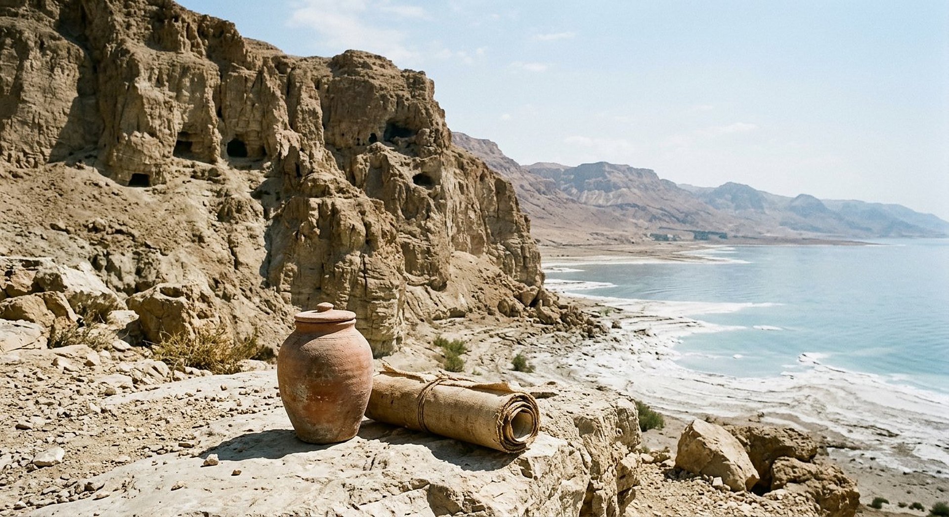 Reconstitution de l'intérieur d'une grotte de Qumrân au lever du jour, jarres de terre cuite dont l'une ouverte laisse voir un rouleau, la mer Morte dans la lumière au-dehors