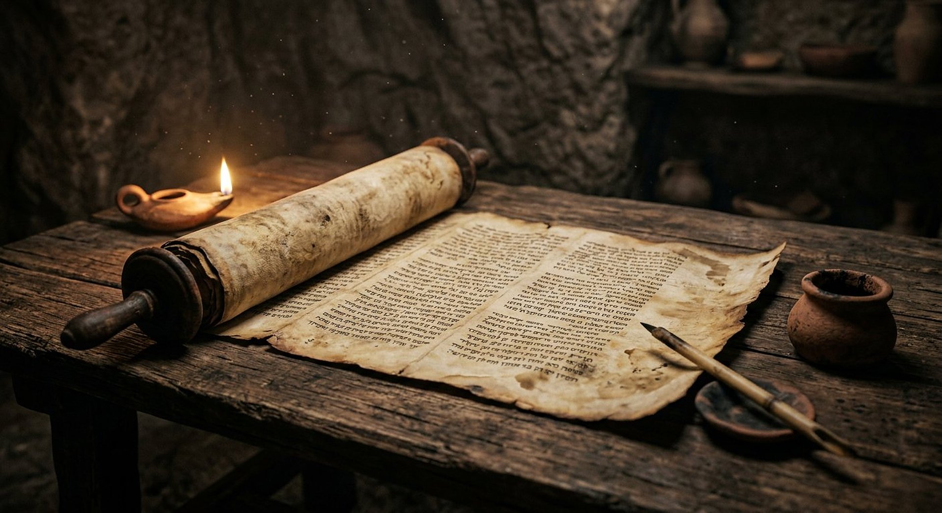 Reconstitution d'une salle de scribes à la lueur d'une lampe à huile, un long rouleau de parchemin déroulé sur une table de bois, écritures anciennes illisibles
