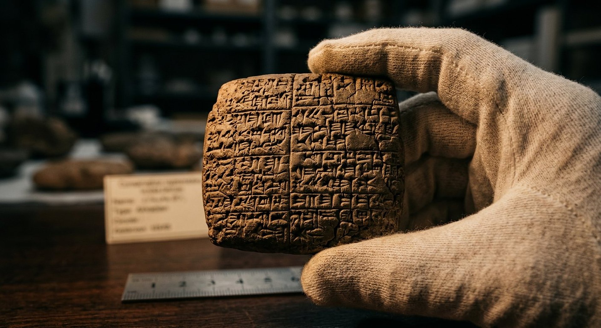 Reconstitution muséographique d'une petite tablette cunéiforme en argile, environ huit centimètres, dressée sur un support dans une vitrine, écriture dense illisible