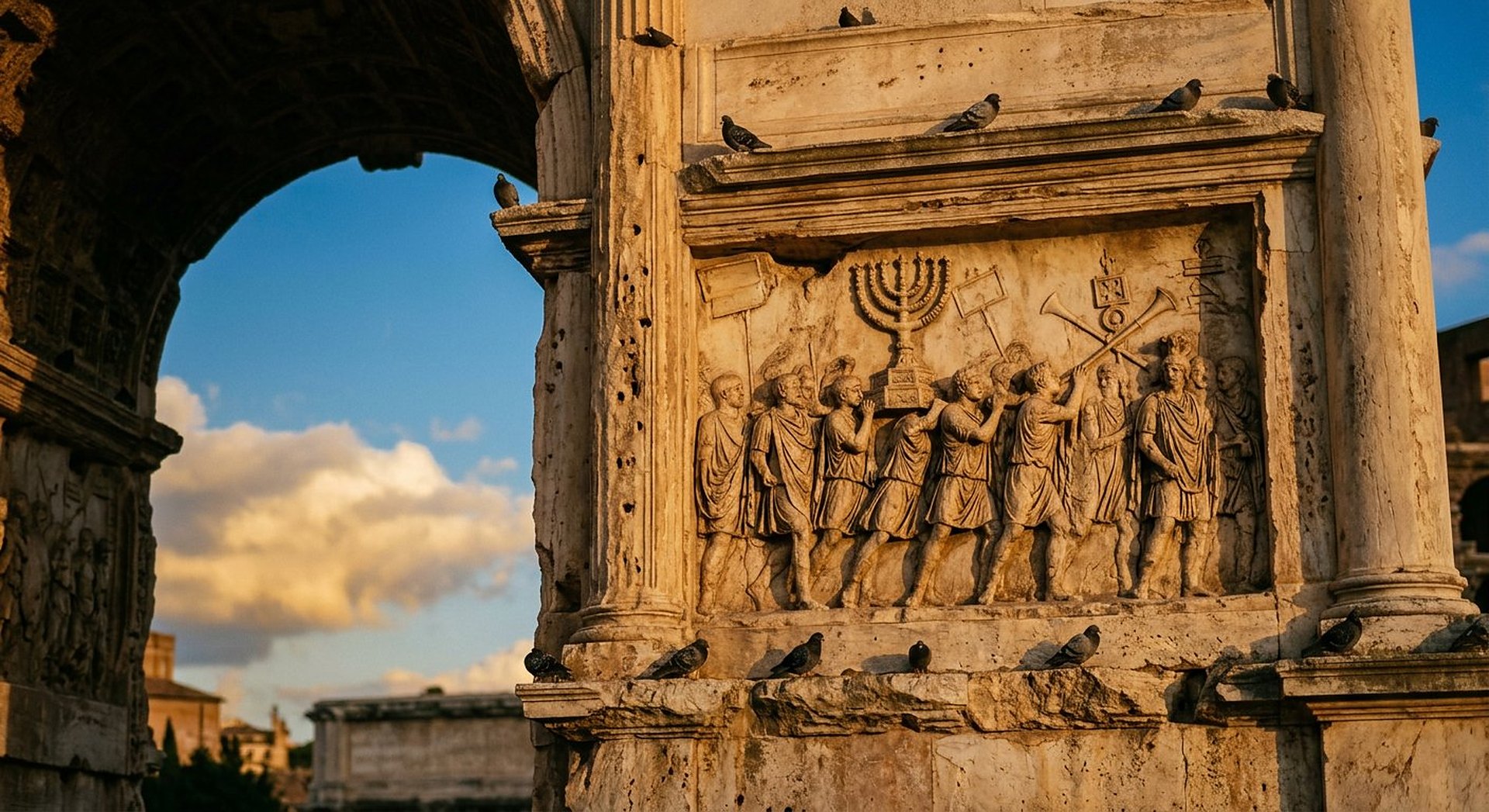 Reconstitution d'un arc de triomphe romain de marbre à une baie sur une voie pavée du forum sous un ciel d'orage, reliefs petits et illisibles, quelques visiteurs