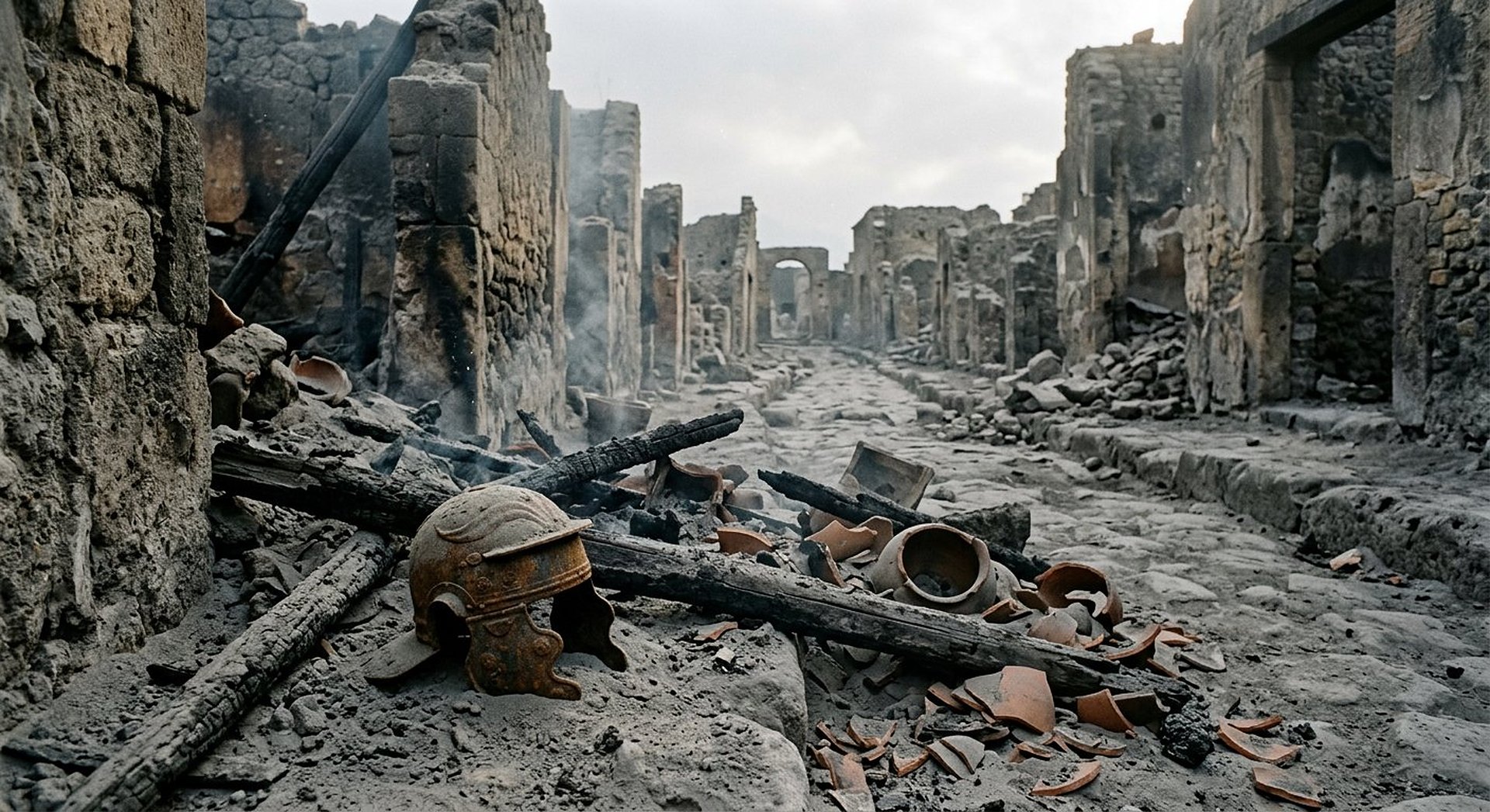Reconstitution d'une couche de destruction dans une maison antique : poutres calcinées, cendres, monnaies noircies et poteries brisées sur un sol de pierre, quelques braises
