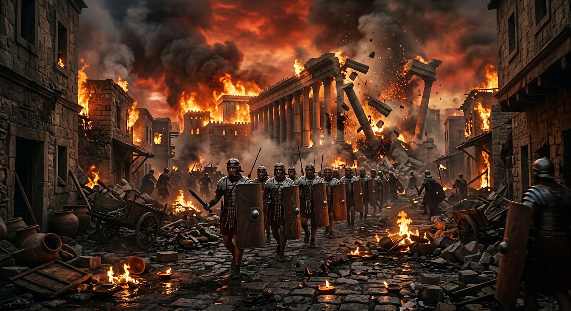 Reconstitution de Jérusalem au crépuscule, murailles de calcaire doré, une colonne romaine avançant sur une route poussiéreuse avec des boucliers unis et des étendards sans emblème