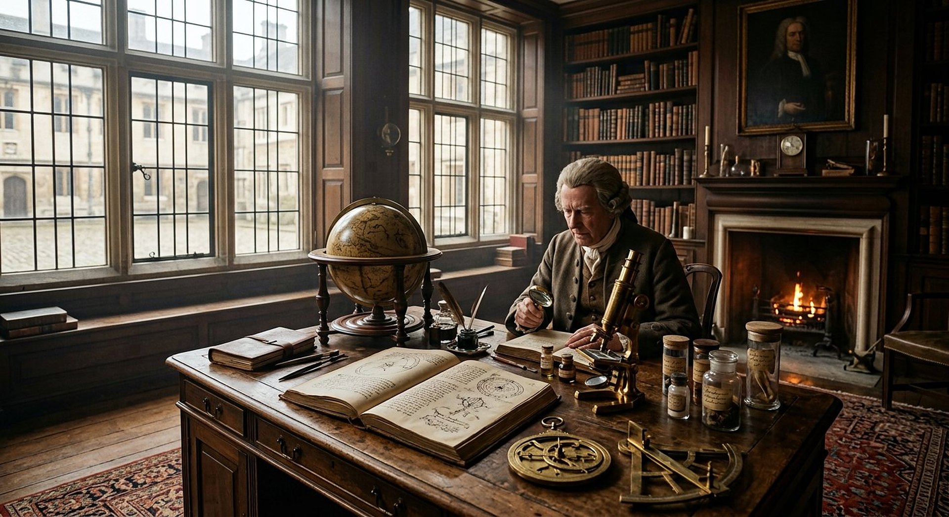 Reconstitution d'un rouleau de parchemin ancien déroulé sur une table de pierre, un globe terrestre lumineux s'élevant au-dessus dans une salle obscure sous une voûte étoilée