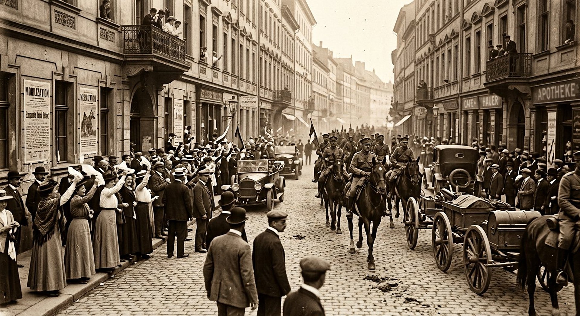 Reconstitution d'un bureau d'état-major des années 1910 au crépuscule : horloge astronomique en cuivre, carte d'état-major jaunie sur une table éclairée par une lampe à huile, montre de gousset ouverte, vapeur d'une locomotive par la fenêtre