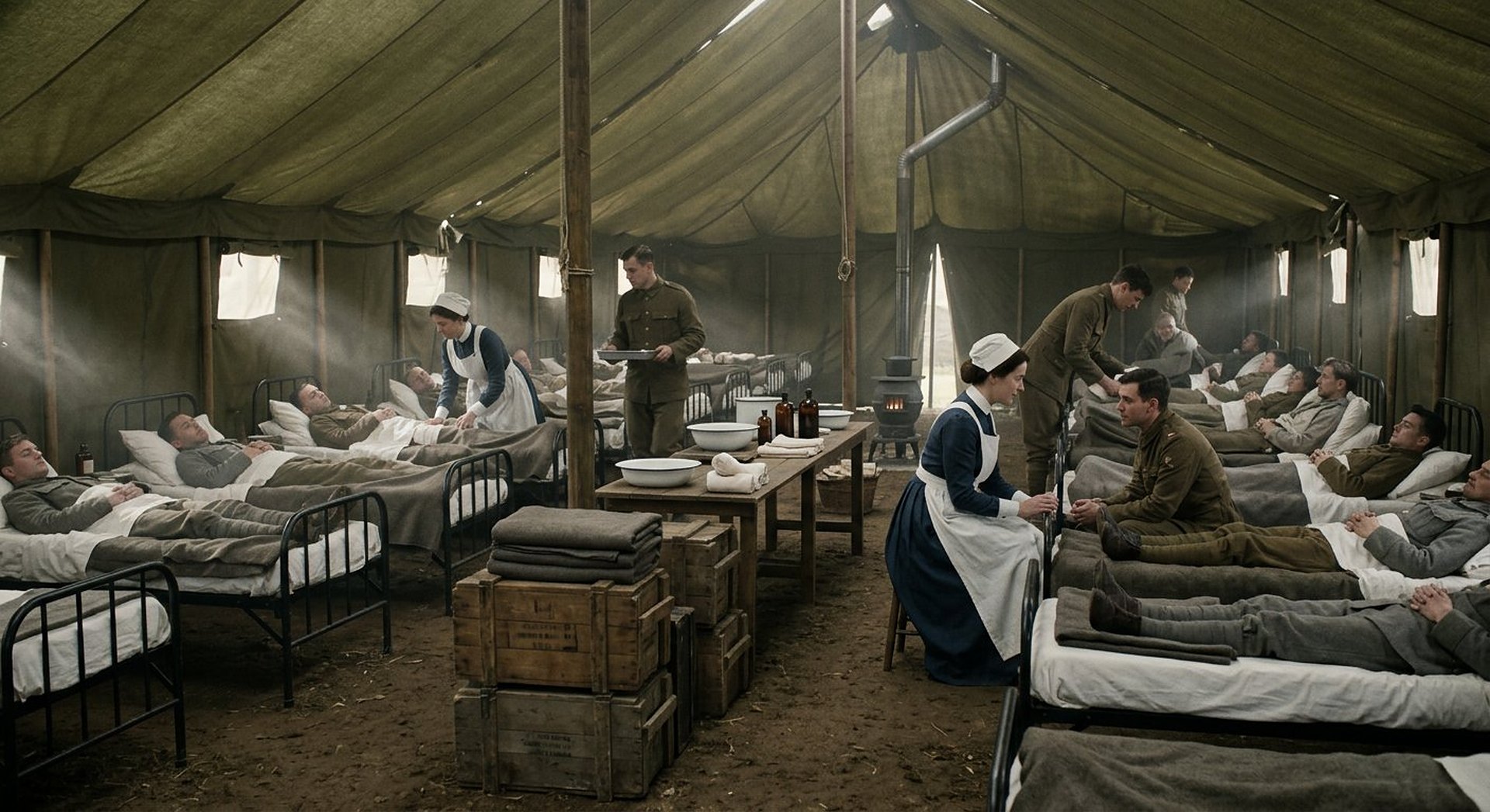 Reconstitution d'un hôpital de campagne en 1918 : rangées de tentes blanches dans une prairie brumeuse à l'aube, une infirmière en uniforme neutre vue de dos portant un plateau, des masques de gaze suspendus sur un portant en bois