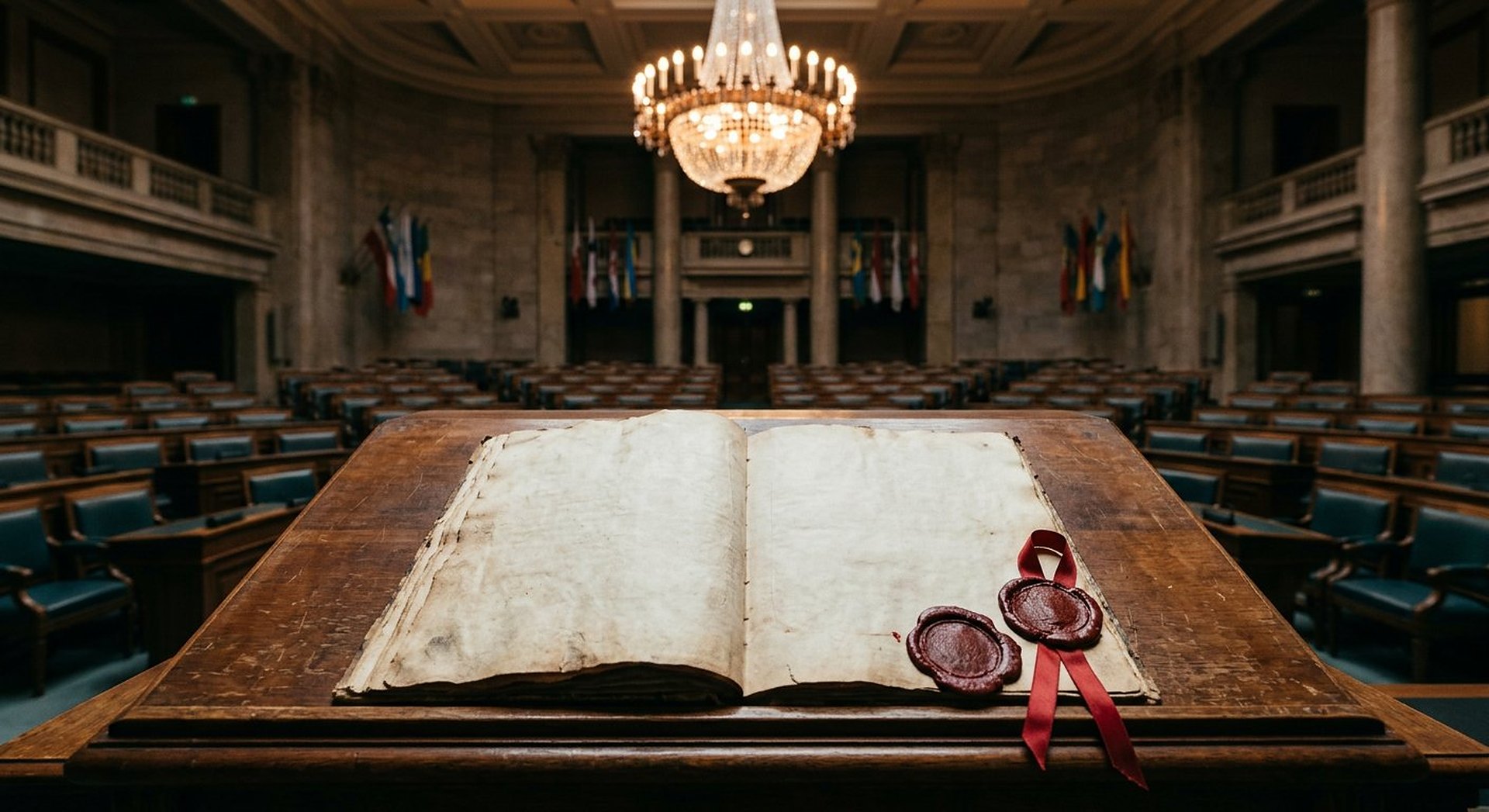 Reconstitution d'une salle de conférence de 1945 : longue table de bois poli avec un document sur parchemin ouvert, encrier de cuivre et plume blanche, rangées de chaises de délégués, lumière dorée à travers des rideaux