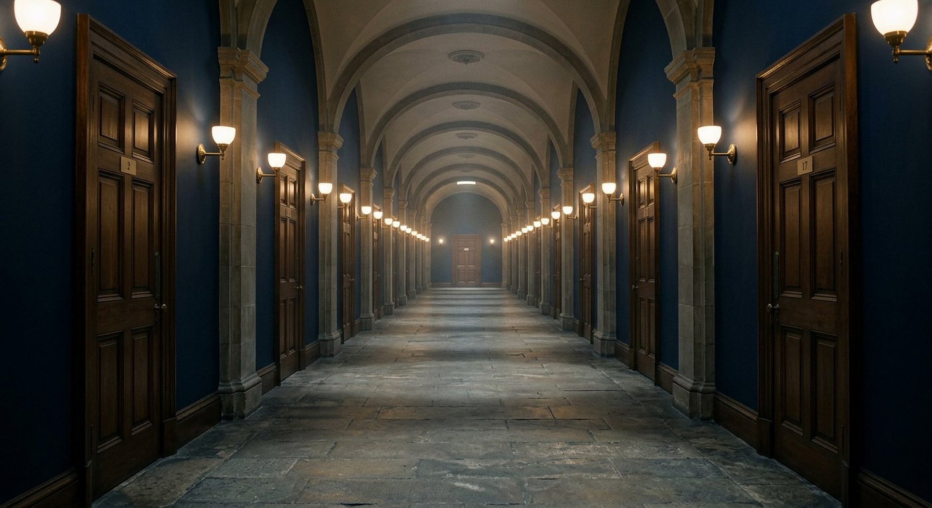 Reconstitution d'une longue galerie de musée voûtée, vitrines d'artefacts anciens éclairées de l'intérieur se perdant au loin vers une lumière chaude