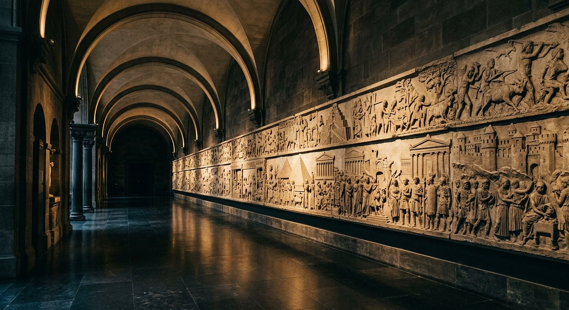 Reconstitution d'une longue frise de pierre sculptée dans une galerie de musée sombre, bas-reliefs anciens érodés aux figures abstraites, lumière dorée au fond de la galerie