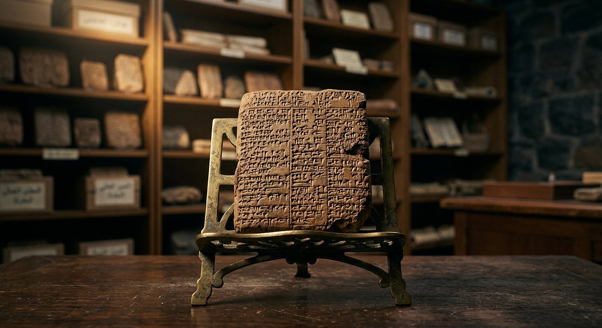 Reconstitution d'une table d'archives : tablette cunéiforme en argile à gauche, dossier d'archives moderne à droite, loupe de cuivre et lampe de lecture entre les deux